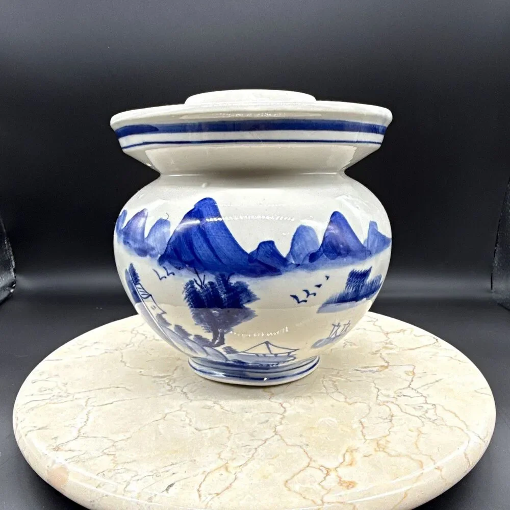 Chinese Blue & White Jar/Vase Mountain Landscape, Made in PRC